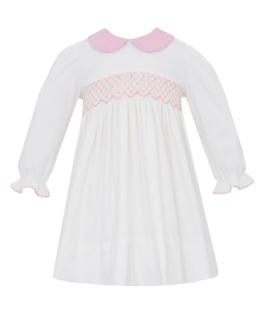 Petit Bebe Girls Winter White Corduroy Dress - Pink Collar - Smocked in Pink by Petit Bebe