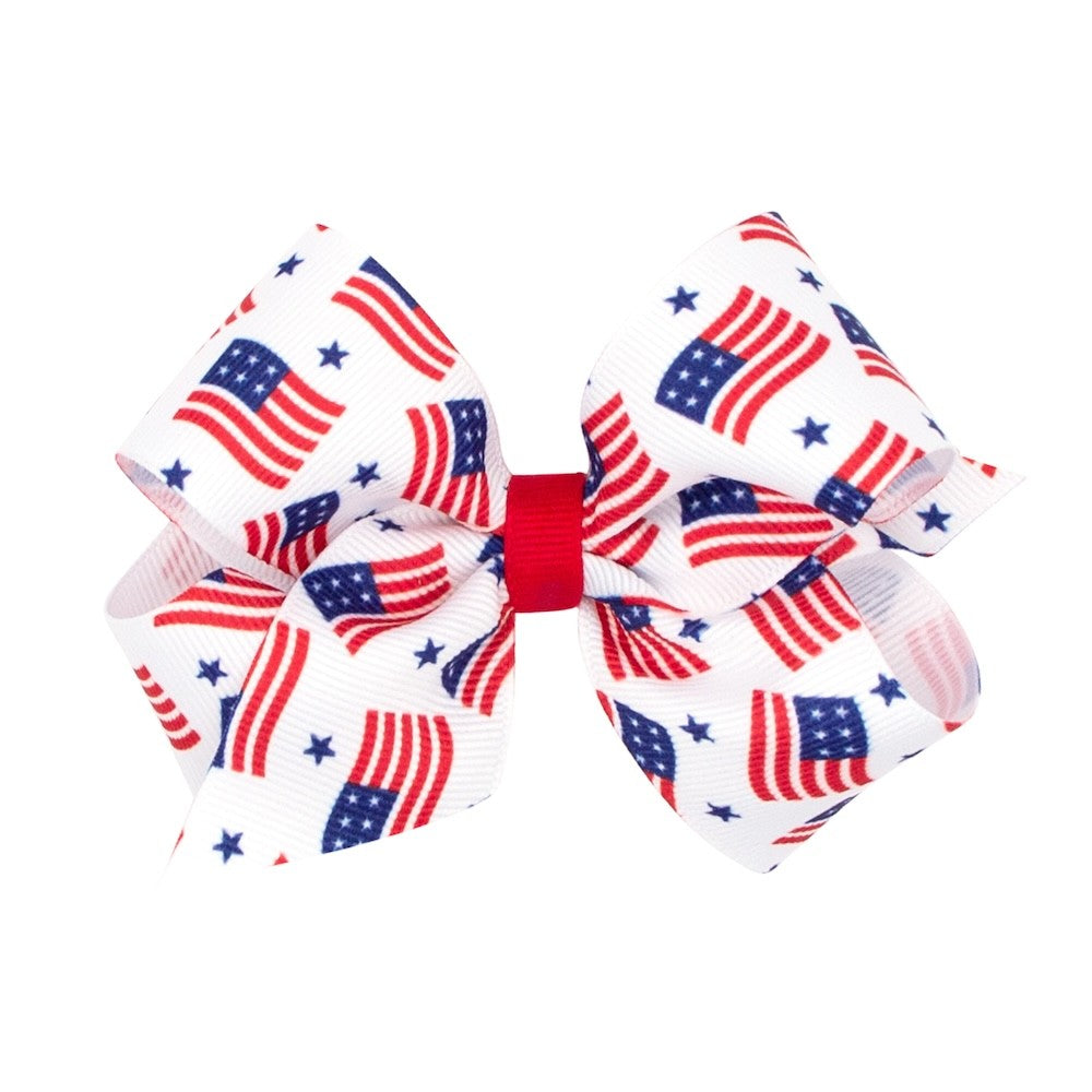 Wee Ones Girls Hair Bow on Clip - American USA Flags Print - Red Center