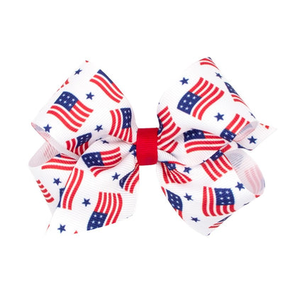 Wee Ones Girls Hair Bow on Clip - American USA Flags Print - Red Center
