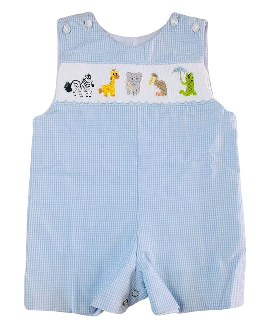 The Best Dressed Child Baby / Toddler Boys Blue Check Smocked Zoo Animals Jon Jon