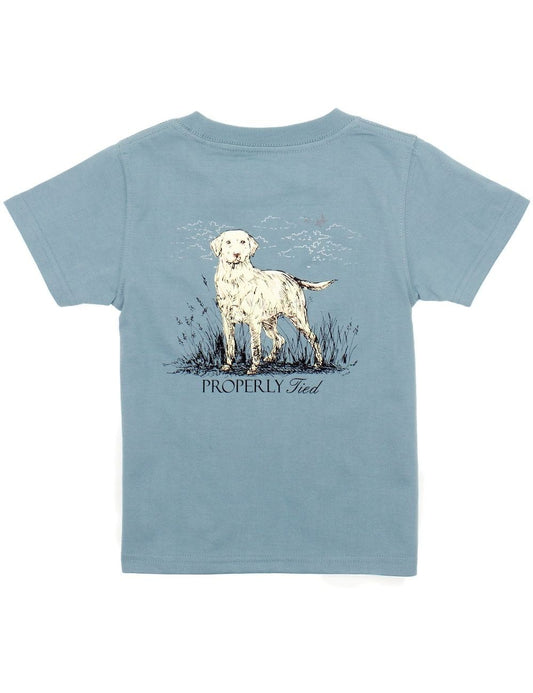 Properly Tied Tee Shirt - Logo Pocket on Front - Graphic on Back - Labrador Dog on Steel Blue