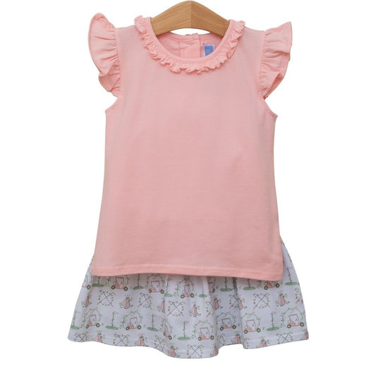 Trotter Street Kids Girls Pink Top with Golf Hole in One Print Skort