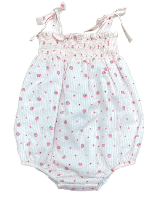 James & Lottie Baby Girls Libby Smocked Bubble - Strawberry Swiss Dot