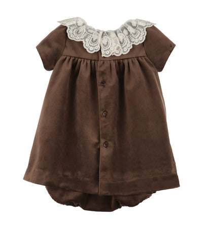 Luli & Me Girls Deluxe Velvet Float Dress - Lace Collar - Chocolate Brown