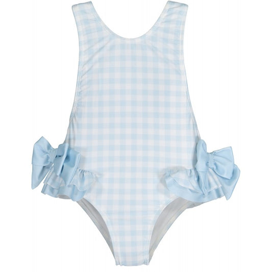 Sal & Pimenta Girls Swimsuit - Bows on Hips - Light Blue Gingham