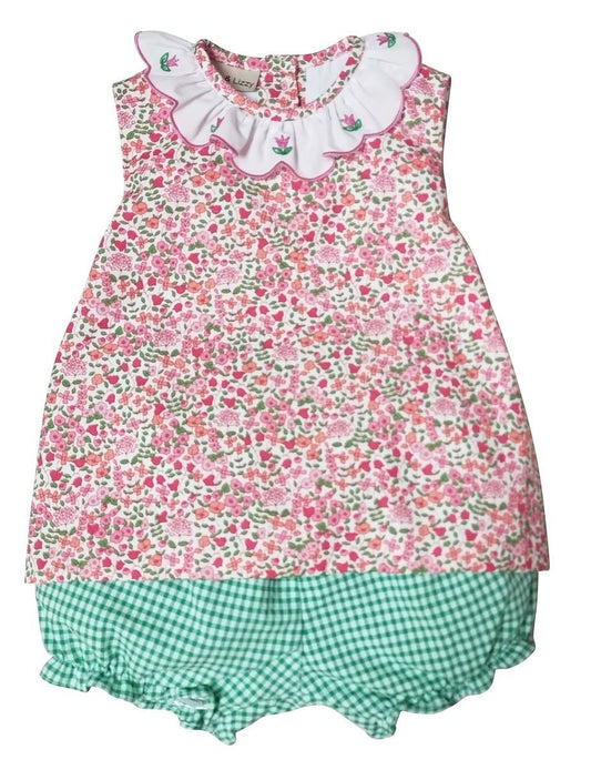 Marco & Lizzy Girls Pink Floral Top with Green Check Bloomers