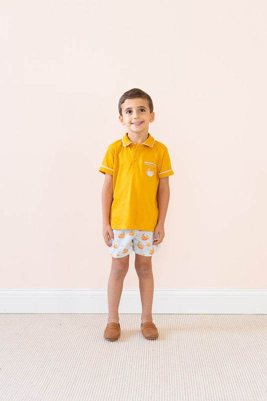La Boutique by Dondolo Boys Short Set - Orange Polo Shirt & Pumpkins Shorts