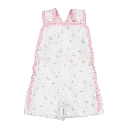 Sal & Pimenta Girls Shortall - Garden Bunnies - Pink Gingham Bow on Back