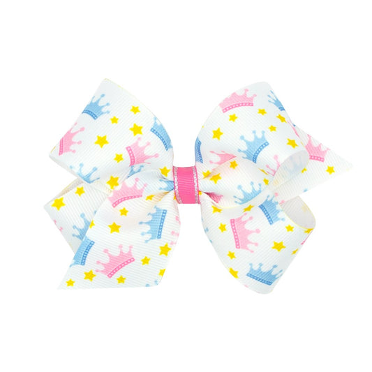 Wee Ones Girls Hair Bow on Clip - Pink & Blue Crowns Print