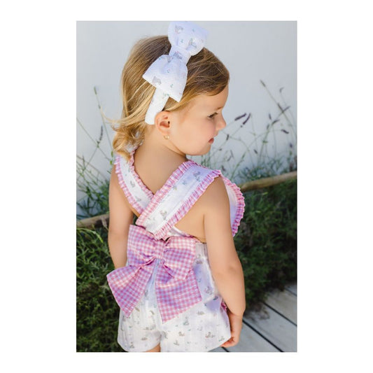 Sal & Pimenta Girls Shortall - Garden Bunnies - Pink Gingham Bow on Back