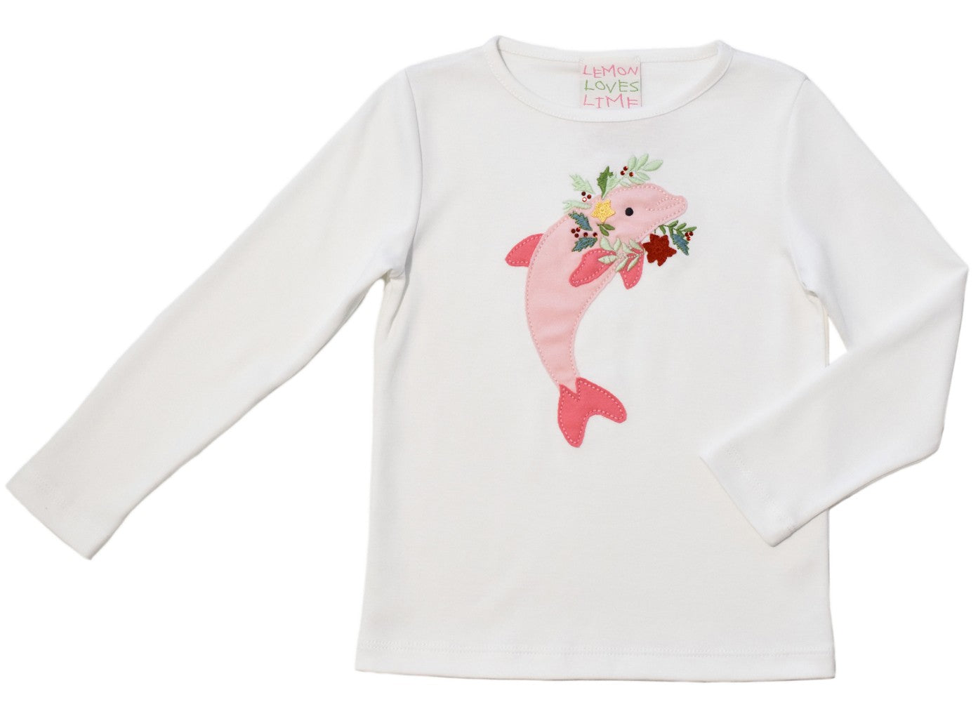 Lemon Loves Lime Girls White Tee Shirt - Pink Dolphin Wreath