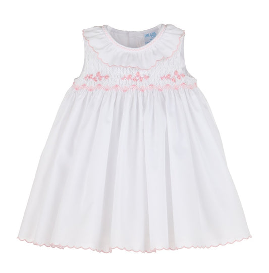 Luli & Me Girls White Scallop Sleeveless Dress - Smocked in Pink
