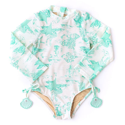 Shade Critters Girls One Piece Long Sleeve Swimsuit - Aqua Mermaid Toile