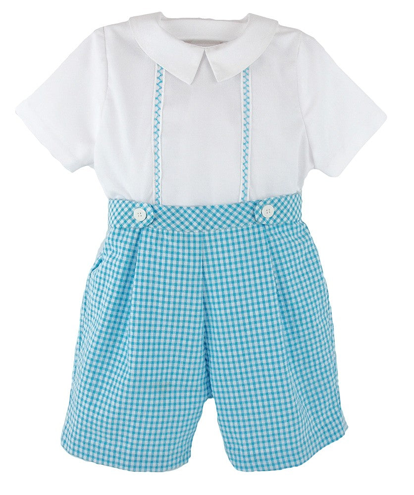 Luli & Me Baby / Toddler Boys Gingham Seersucker Button On Shorts Set - Turquoise Blue