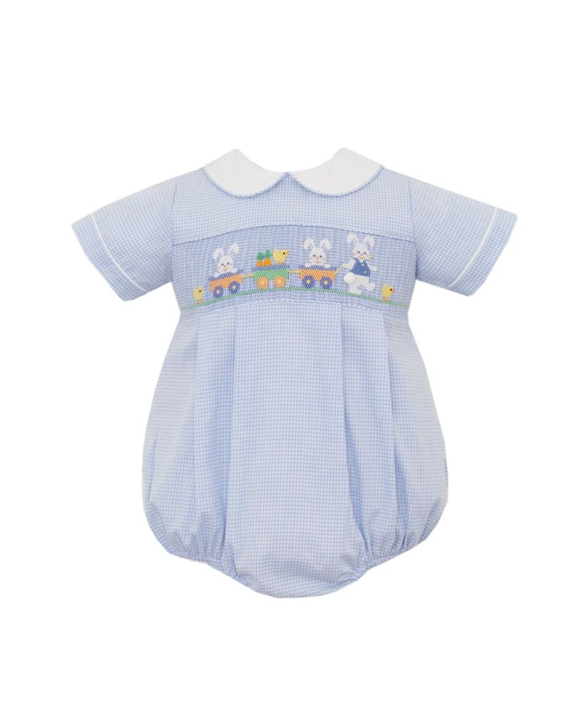 Anavini Velani Baby Boys Blue Gingham Smocked Bunnies Wagon Bubble