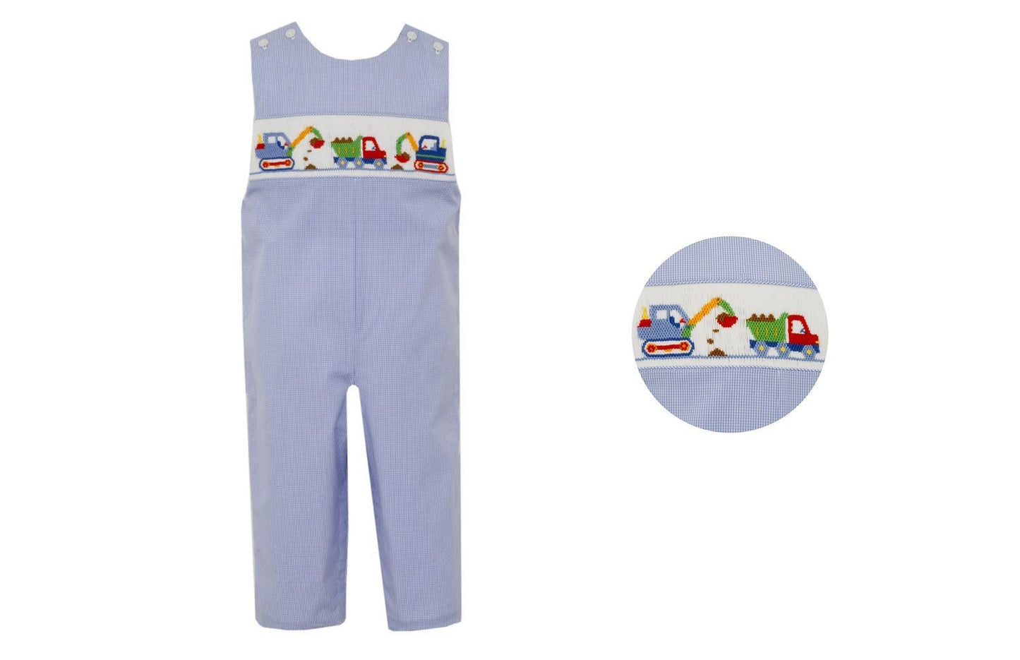 Anavini Boys Blue Gingham Smocked Construction Trucks Longall