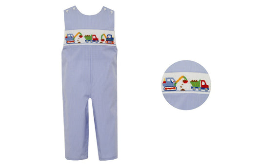 Anavini Boys Blue Gingham Smocked Construction Trucks Longall