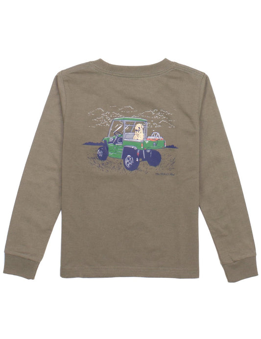 Properly Tied Boys Shirt - Logo Pocket on Front - Back Graphic - Side by Side Dog on Tan Olive