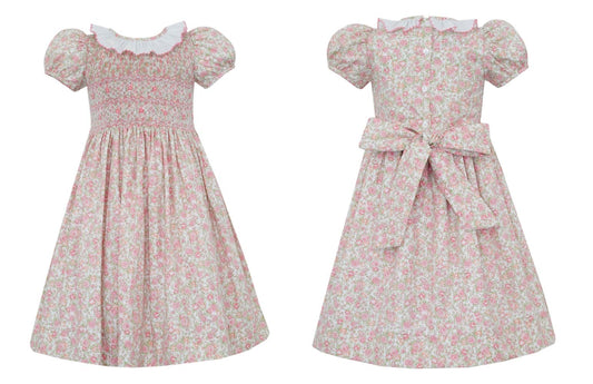 Anavini Couture Girls Pink Roses Liberty Floral Smocked Dress - Collar & Sash