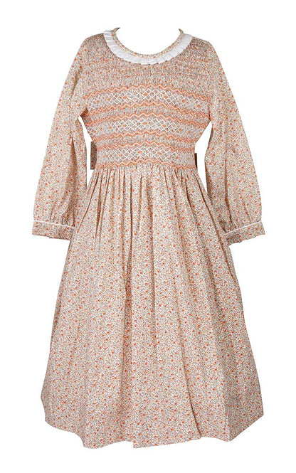 Anavini Couture Girls Orange Fall Floral Dress - Fully Smocked Bodice - Long Sleeves