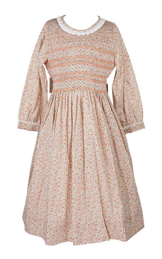 Anavini Couture Girls Orange Fall Floral Dress - Fully Smocked Bodice - Long Sleeves
