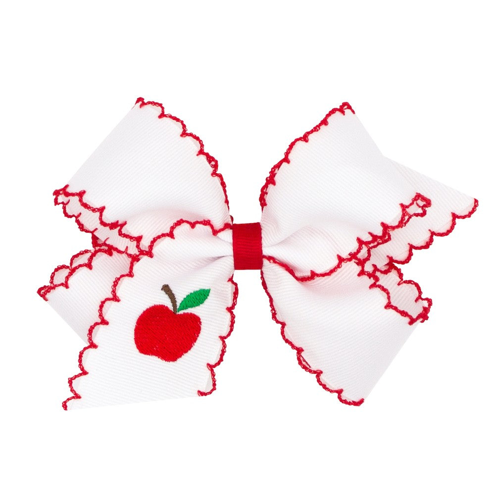 Wee Ones Girls White Hair Bow with Red Moonstitch - Embroidered Red Apple