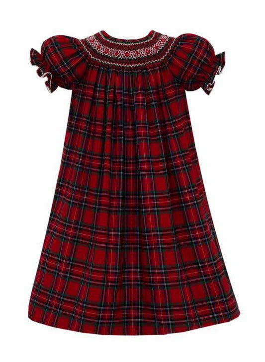 Anavini Couture Girls Red Plaid Smocked Christmas Bishop Dress