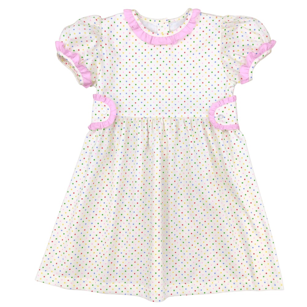 James & Lottie Girls Tabitha Dress - Confetti Dots with Pink Trim