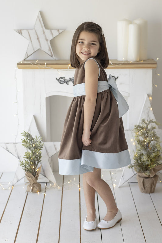 Luli & Me Girls Sleeveless Velvet Dress - Cocoa Brown - Blue Trim & Sash