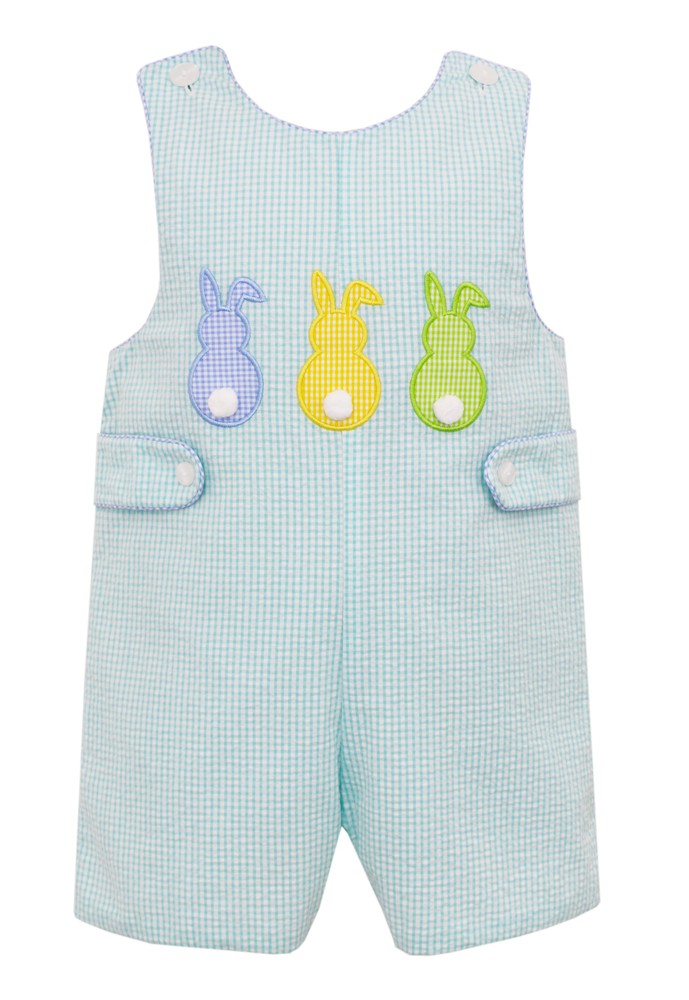 Claire & Charlie Boys Jon Jon - Aqua Seersucker - Applique Bunny Cottontails