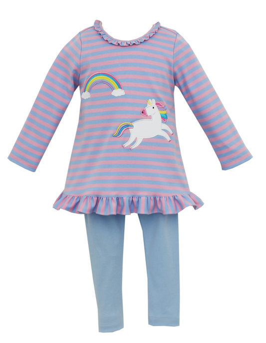 Claire & Charlie Girls Pink & Blue Stripe Unicorn Leggings Set