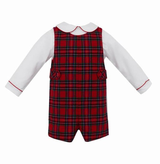 Anavini Couture Boys Red Holiday Plaid Shortall with Shirt