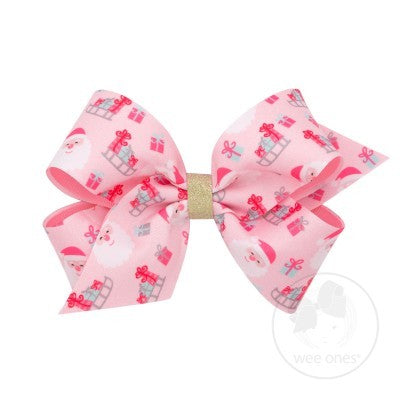 Wee Ones Girls Holiday Hair Bow - Pink with Santa Claus