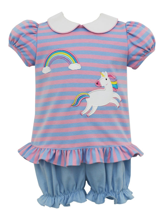 Claire & Charlie Girls Pink & Blue Stripe Unicorn Bloomers Set