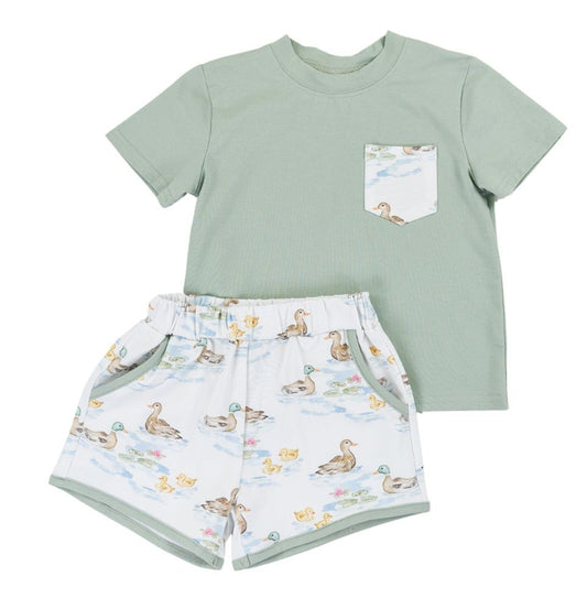Cypress Row Boys Green Darling Ducks Pocket Play Shorts Set