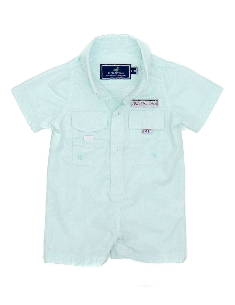 Properly Tied Baby Boys Fishing Shirt Style Shortall Romper - Seafoam Green