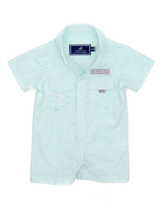 Properly Tied Baby Boys Fishing Shirt Style Shortall Romper - Seafoam Green