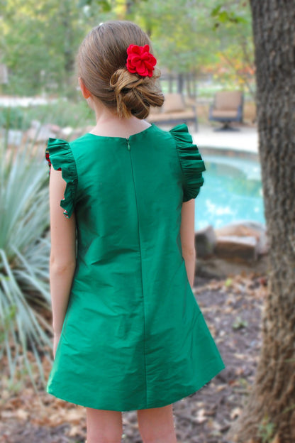 Susanne Lively Girls Green A-Line Dress - Flutter Sleeves Accented in Red Holiday Plaid Lining