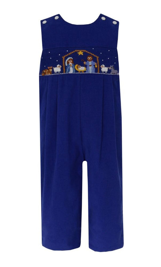 Anavini Boys Royal Blue Corduroy Smocked Nativity Scene Longall