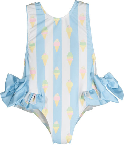 Sal & Pimenta Girls Swimsuit - Blue Stripe Gelato Ice Creams - Blue Bows on Hips
