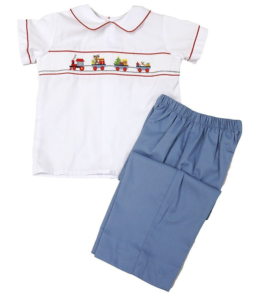 LuLu BeBe Toddler Boys Blue Pants with Smocked Christmas Train Shirt