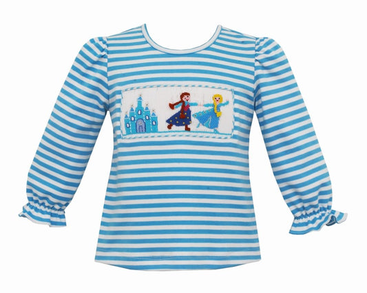 Anavini Girls Turquoise Blue Stripe Knit Top - Smocked Frozen Elsa & Anna