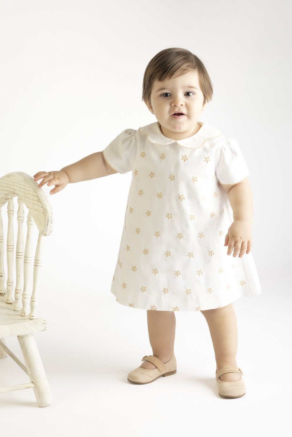 Luli & Me Baby Girls Dress - Ivory with Tan Embroidery Flowers Best Dressed Child Luli & Me Baby Girls Dress - Ivory with Tan Embroidery Flowers Best Dressed Child