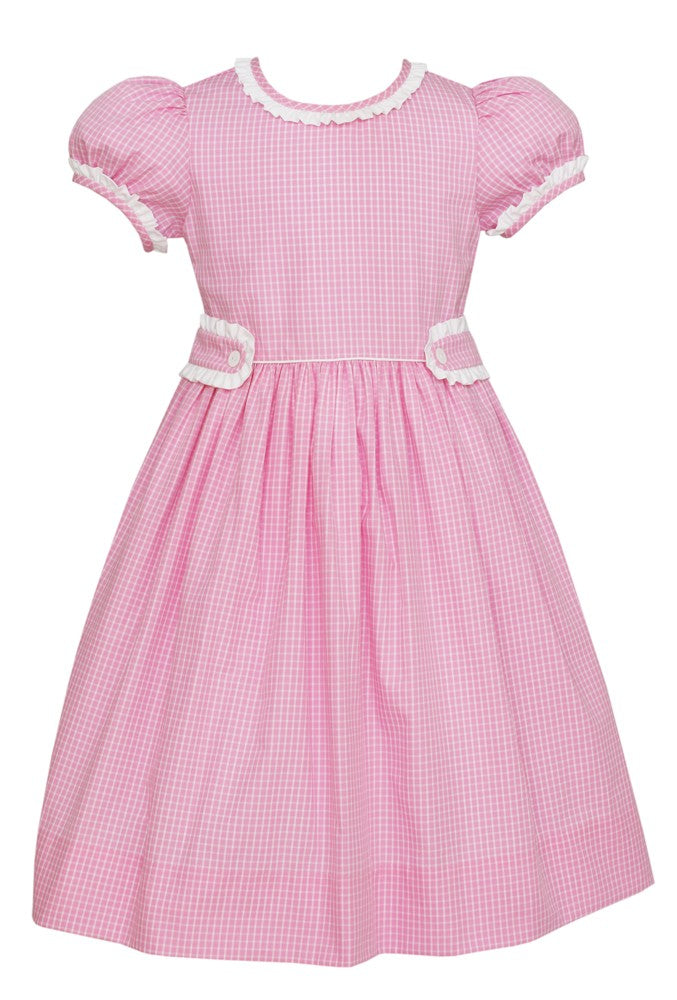 Claire & Charlie Girls Pink Check Dress - Ruffle Neck / Waist Tabs