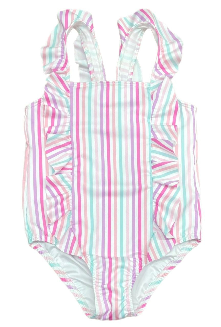 James & Lottie Girls Lainey Swimsuit - Green Palm Trees with Blush Pink Ruffle