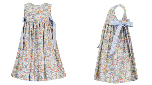 Claire & Charlie Girls Blue Liberty Floral Dress - Gingham Bows at Sides