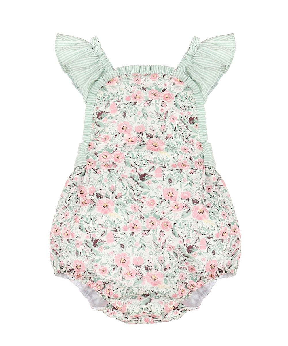 Sophie & Lucas Girls Green Vintage Floral Sip & See Bubble - Bow on Back