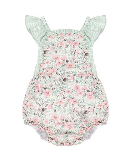 Sophie & Lucas Girls Green Vintage Floral Sip & See Bubble - Bow on Back
