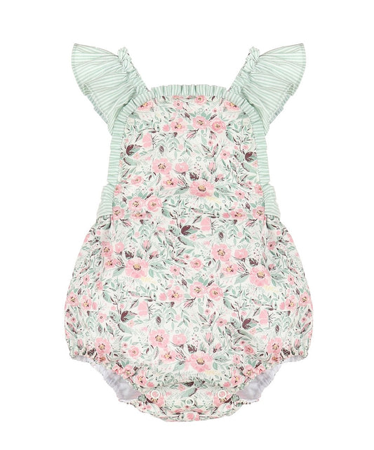 Sophie & Lucas Girls Green Vintage Floral Sip & See Bubble - Bow on Back
