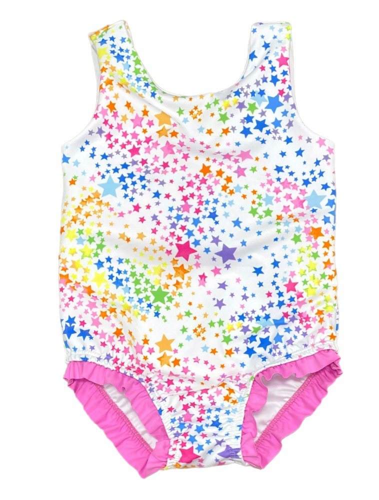 James & Lottie Girls Lottie Swimsuit - Colorful Stars - Pink Bow on Back